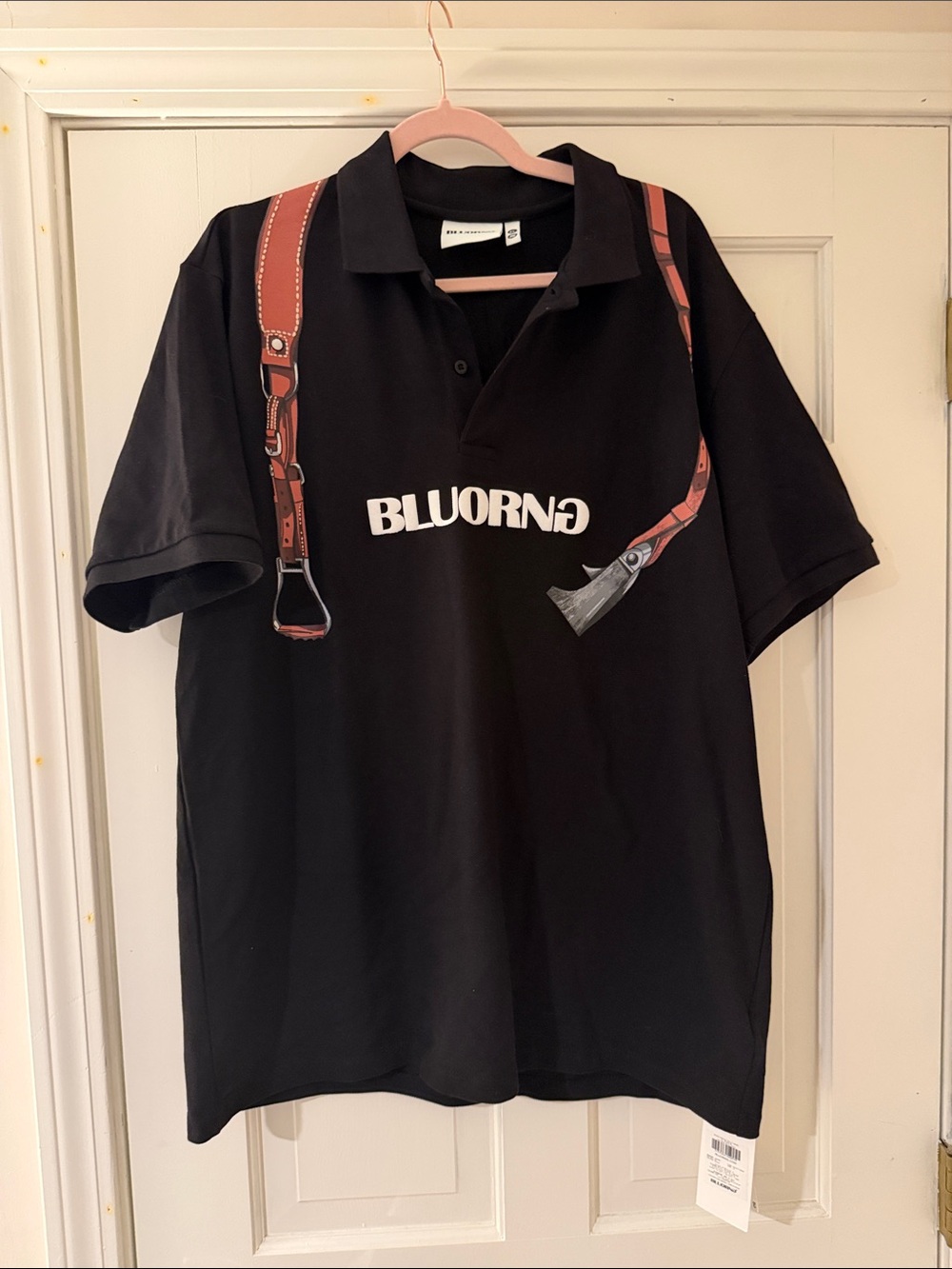Black Polo Tee with Faux Harness and White Logo